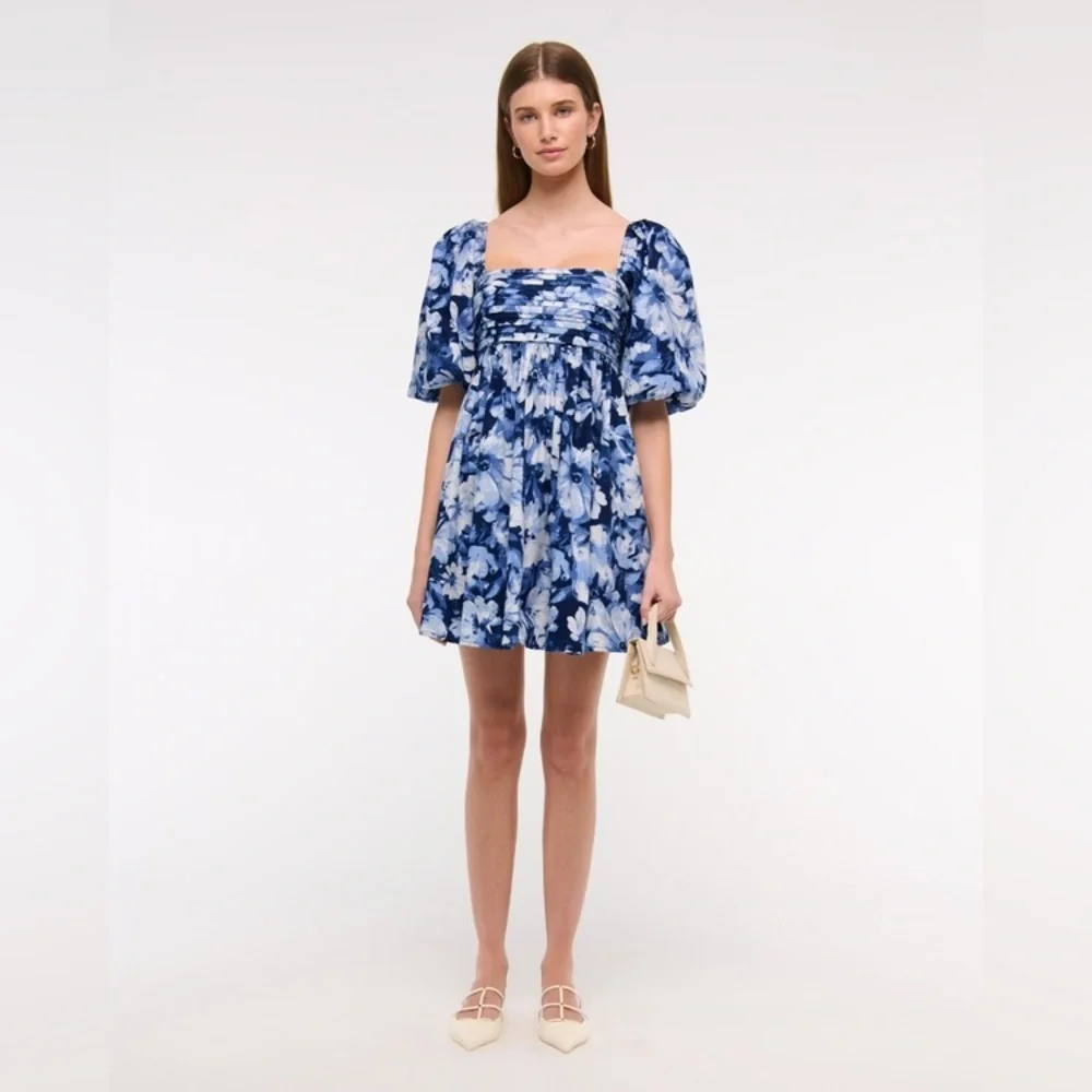 Abercrombie & Fitch Emerson Poplin Puff Sleeve Blue floral Mini Dress Sz XXS - Picture 4 of 14
